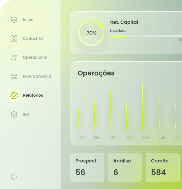 Dashboard de operações e relatórios da plataforma de gestão financeira Dimensa